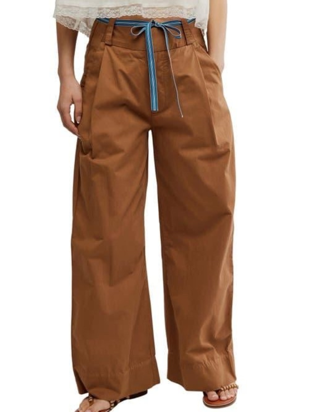 Free People  Buckle Belt Cotton Wide Leg Pants in Tobacco Combo